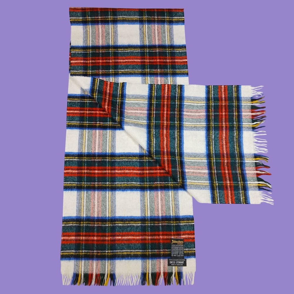 Vintage Johnstons of Elgin Scarf Dress Stewart Tartan Plaid Cashmere Wool 90s